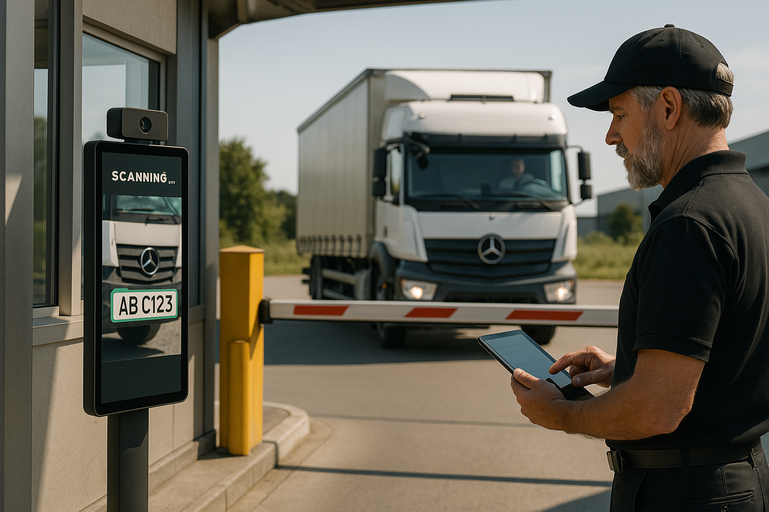 IoT-powered system automating vehicle and cargo tracking, enhancing security with AI-based license plate recognition, and providing real-time updates on driver information and vehicle status